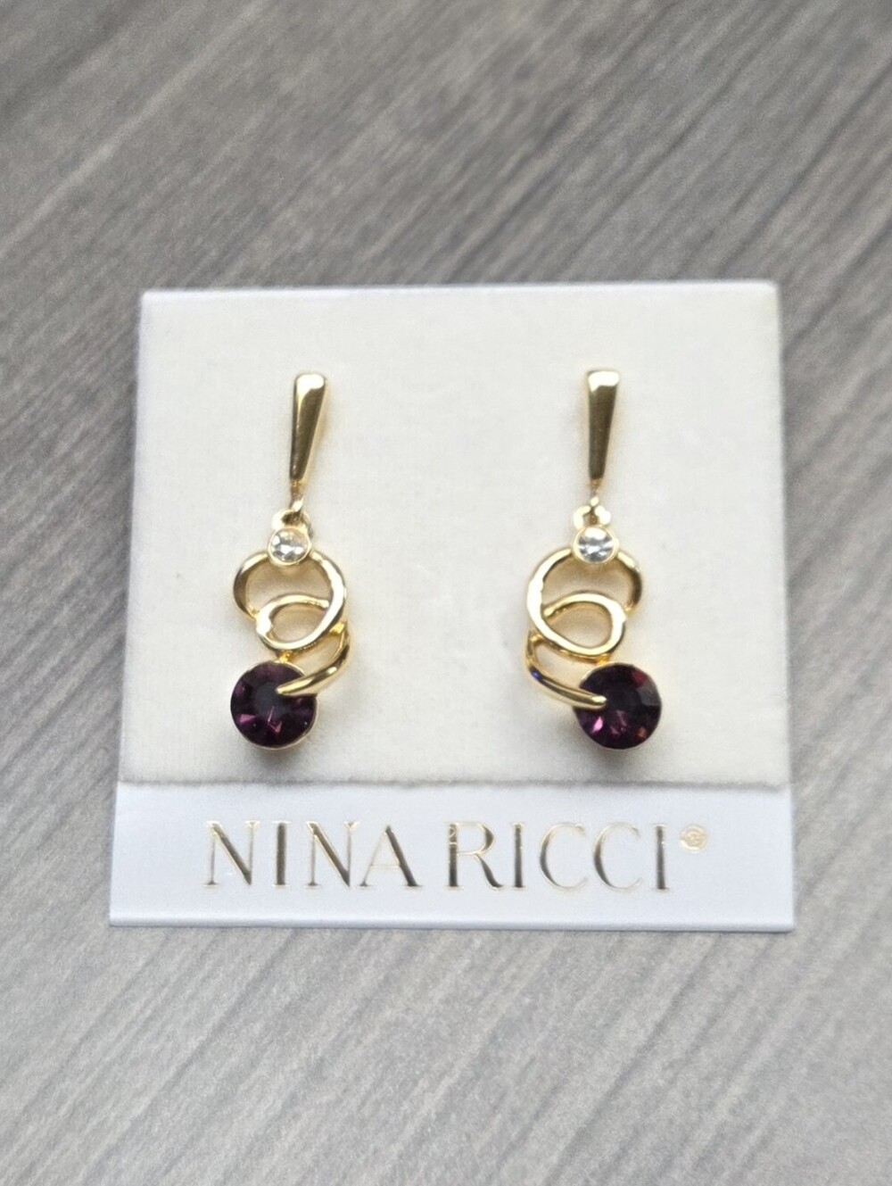 Nina Ricci Vintage 22k Triple Gold-Plated Gen.Swarovski Crys.Clear&Purp Earrings